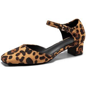 Womens Chunky leopard Heels Ankle Strap Square Toe Dress Pumps Work Party Shoes